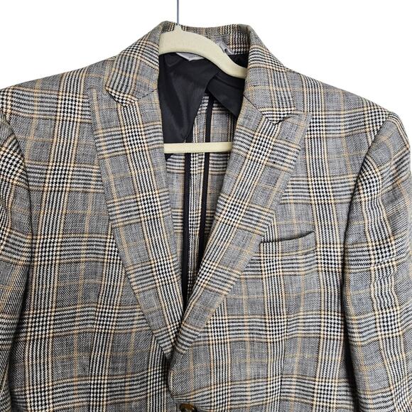 Zara Blazer Plaid Linen Blend Two-Button Peak Lapel Men 38 Brown Black - Picture 2 of 9